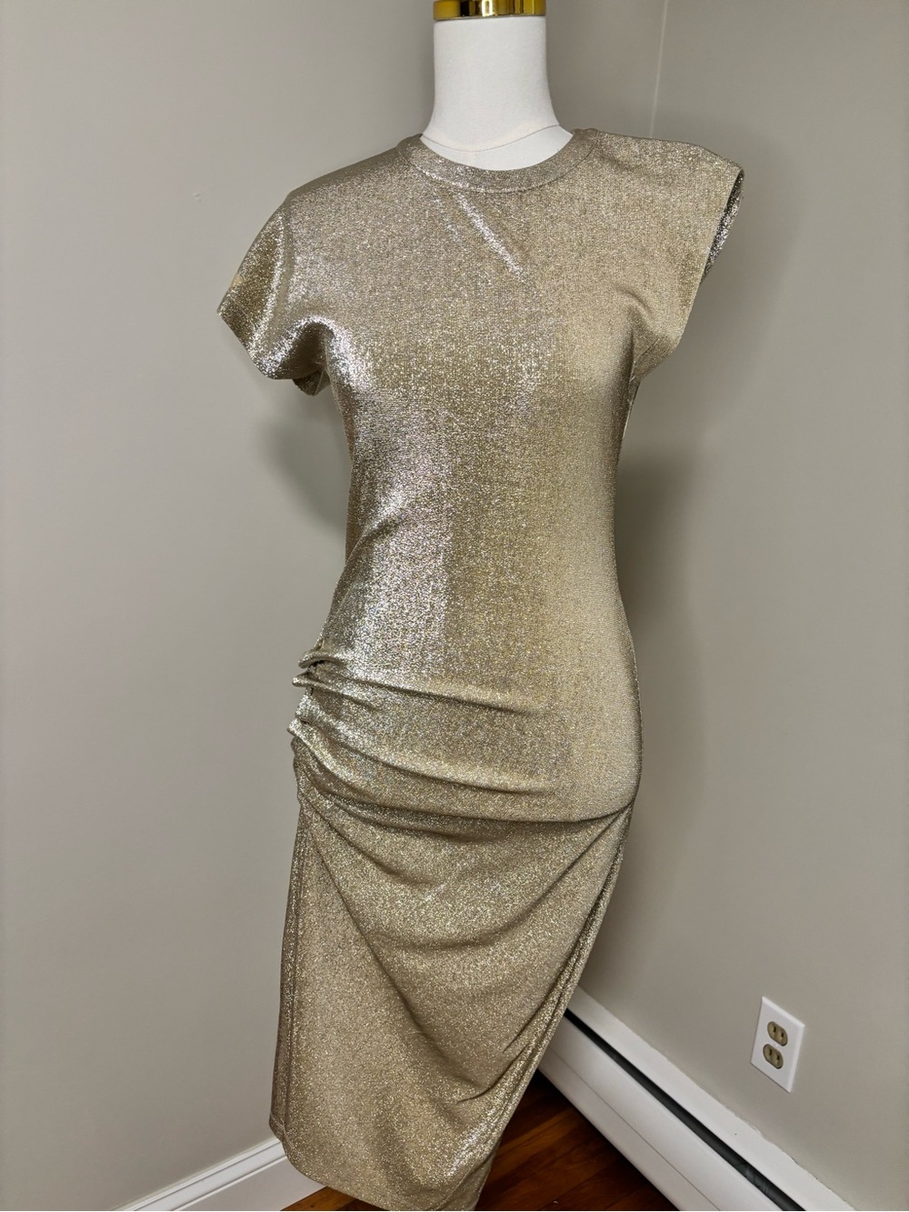 Rabanne Metallic Gold Ruched Midi Dress Approx FR 38
